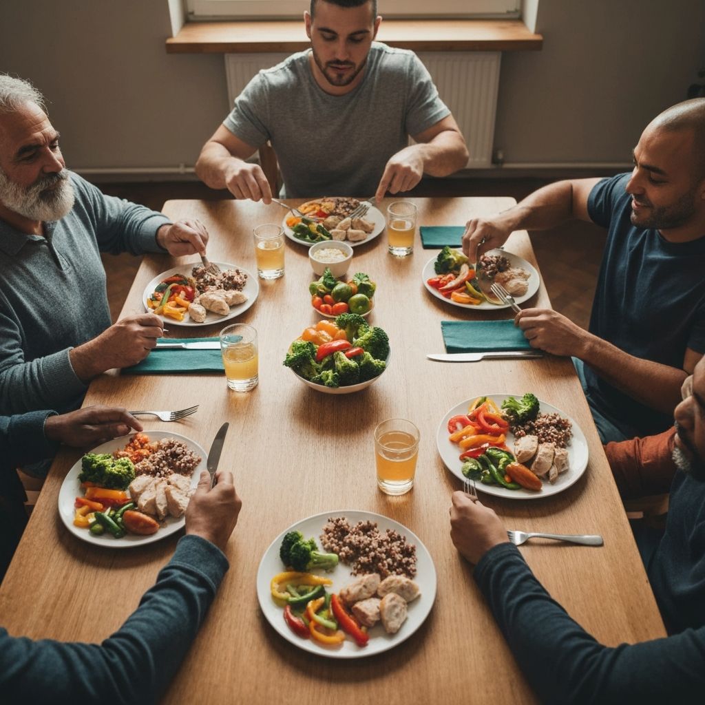 Diverse group enjoying healthy meals together